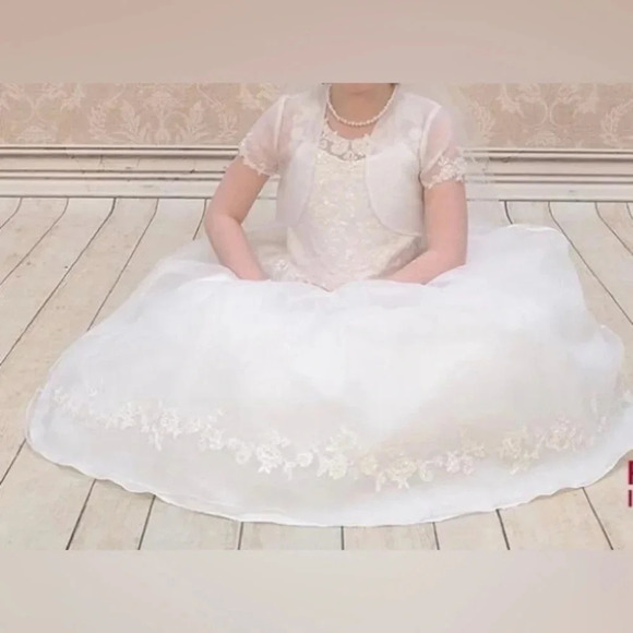 J.J.Anjorden Girls Dress White Embroidered w/Beads With Cap Sleeve Cover Size 8X - Picture 3 of 15